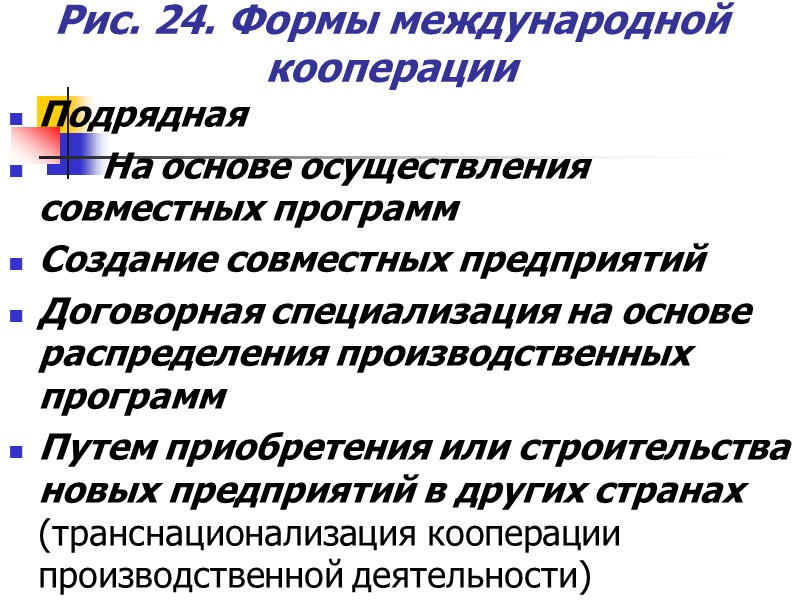Рис. 24. Формы международной кооперации Подрядная На основе Рис. 24. Формы международной кооперации Подрядная На основе